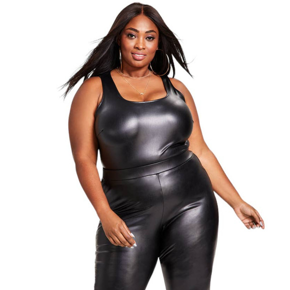 Nina Parker Plus Size Pleather Tank Scoop-Neck Bodysuit Black 3X - Picture 1 of 8